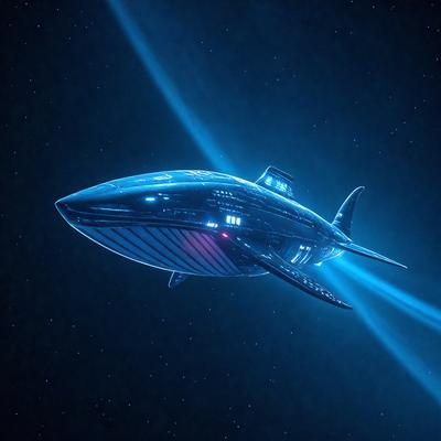 The primary subject of the image is a futuristic submarine, which is a large, blue, and white spacecraft. The setting is a dark, starry sky, creating a dramatic backdrop for the submarine. The visual style is a combination of photo and digital art, giving the image a unique and captivating appearance. The dominant colors are blue and white, with the blue submarine contrasting against the dark, starry sky. The overall atmosphere is one of adventure and exploration, as the submarine travels through the vast expanse of space.